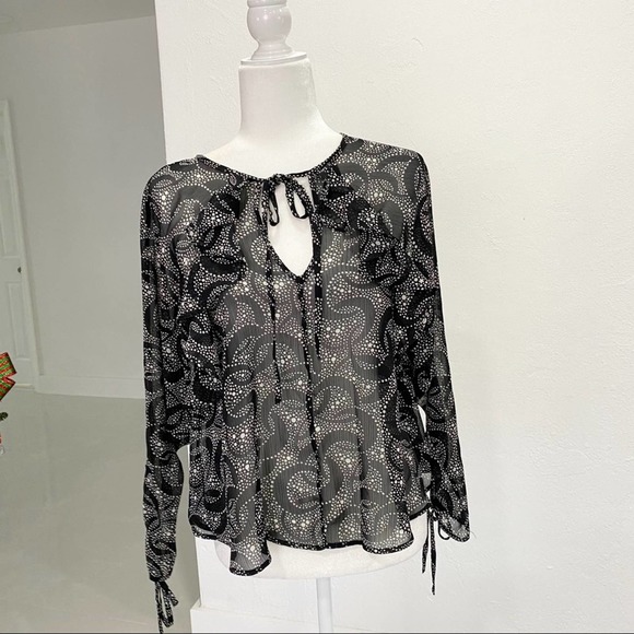 Topshop Star & Moon Blouse Black Ruffles Ties Semi Shear - Picture 7 of 9